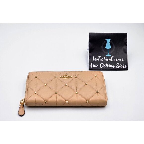 Coach Women's Tan Leather Accordion Zip Wallet Studded Diamond Quilting 354 - Picture 11 of 14
